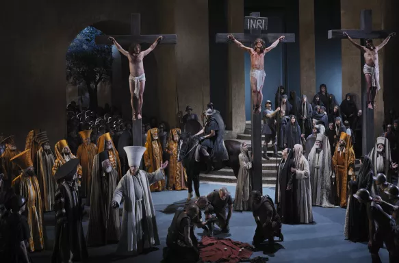 Live performance of crucifixion for the Oberammergau Passion Play in Germany.