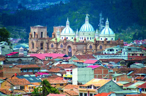 Colourful blue roofs on a cathedral in the town of Cuenca