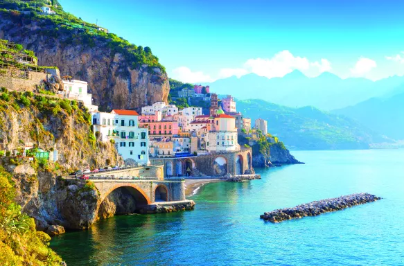 Morning view of Amalfi cityscape on coast line of the Mediterranean sea, Italy