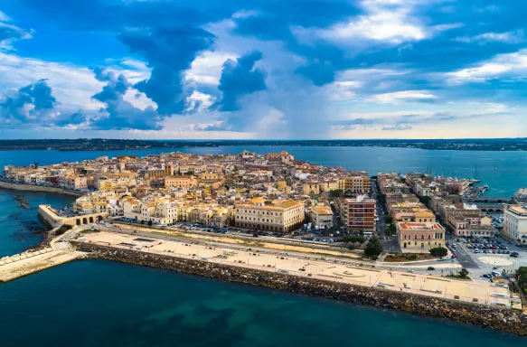 Aerial view of Syracuse city on Ortygia island in Sicily, Italy