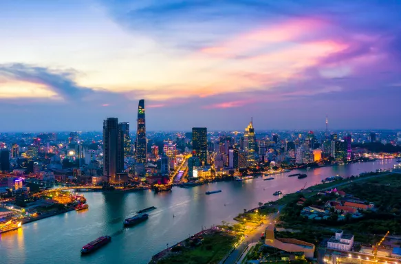 Aerial view of Ho Chi Minh City skyline at sunset in Saigon, Vietnam