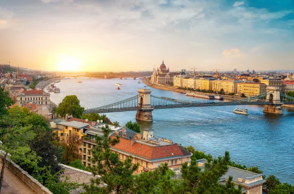 Aerial view of the Hungarian Parliament building and bridge over the Danube river in Budapest