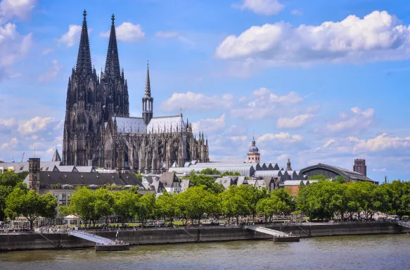 View of cathedral and Rhine river in Cologne, Germany