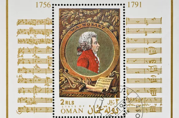 Very Rare Mozart Stamp from Oman, 1972 with notes on it