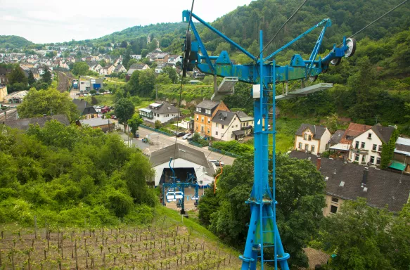 Blue cable cars in Boppard, Rhine Valley, Germany.