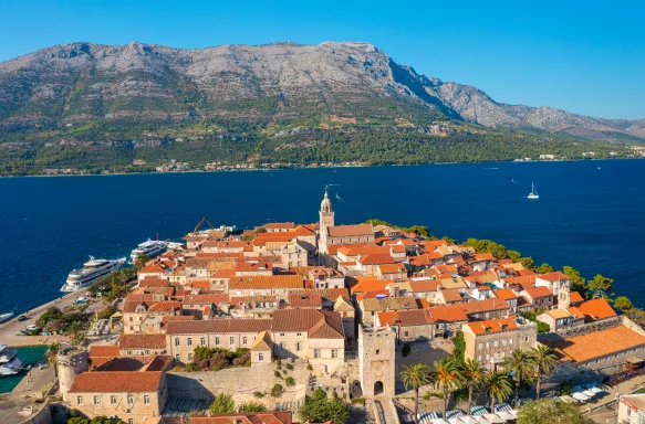 Aerial view of Korcula town on Korcula island, Adriatic Sea, Croatia