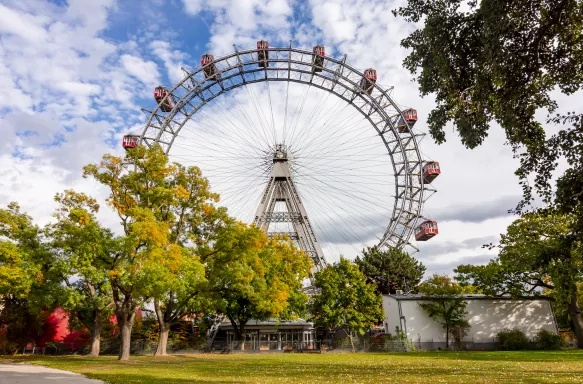 The Wiener Riesenrad, a giant Ferris wheel at Prater amusement park in Vienna, Austria.