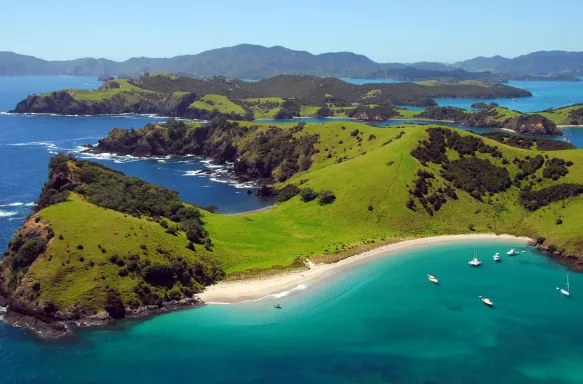 Aerial View of Waewaetorea Passage with lush vegetation and ocean waters in  Bay of Islands, Northland New Zealand