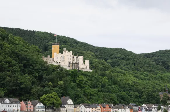 Stolzenfels Castle and lush forestry overlooking the town of Stolzenfels, Germany