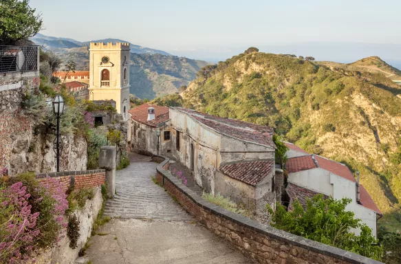 Church of St. Nicolò tower in Savoca, Sicily, Italy