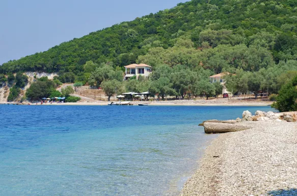 The shingle beach at Agios Ioannis on the Greek island of Meganissi.