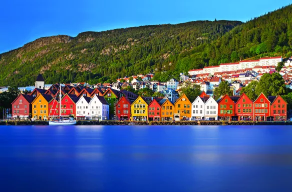 Rows of Hanseatic heritage buildings overlooking the Vågen harbour in Bergen, Norway