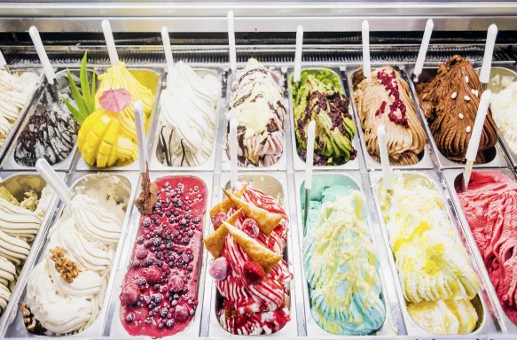 Classic Italian gourmet gelato ice cream on display in shop