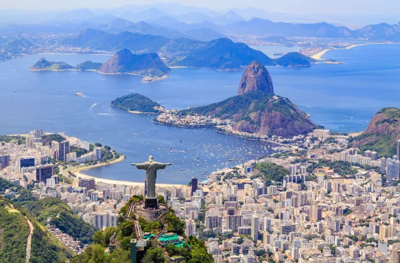 Aerial view of the Corcovado Christ statue and Botafogo Bay in Rio de Janeiro, Brazil