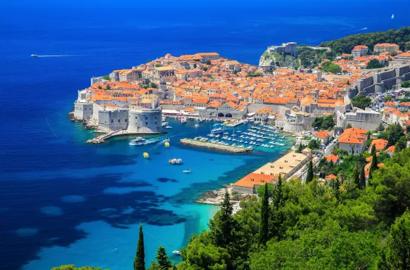 A panoramic view of the walled city, Dubrovnik Croatia and it's surrounding blue ocean waters