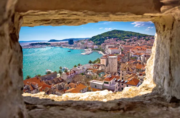 Split bay aerial view through stone window in Dalmatia, Croatia