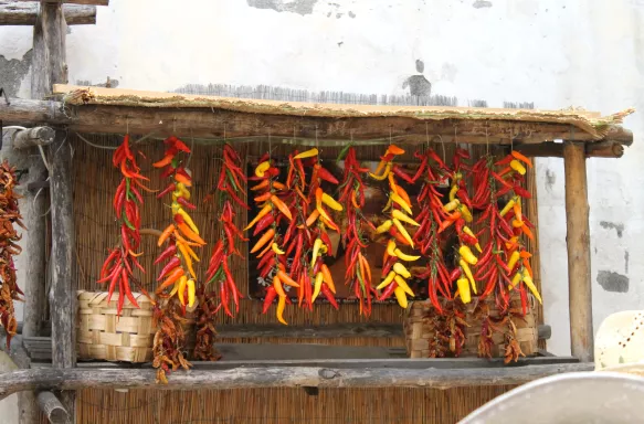 Red, Yellow and Orange Chili Peppers at Sorento Market in Italy