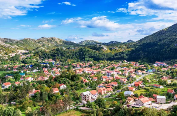 Aerial shot of country houses in Cetinje city, Montenegro