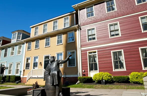 Colourful buildings and statue in Charlottetown, Canada