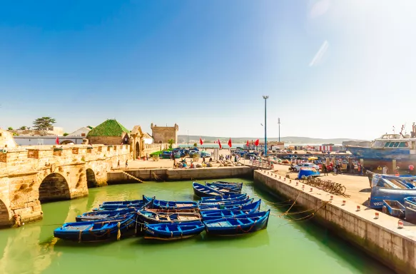 Fishing boats in the port of Essaouira city in Marakesh, Morocco