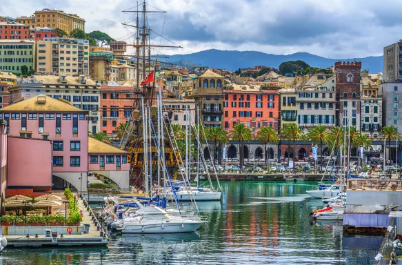 View of Genoa seaport with yachts in Genoa, Italy