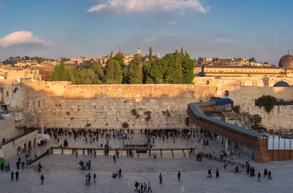 Panoramic view of Jurusalem with the Western Wall and Golden dome temple in Israel