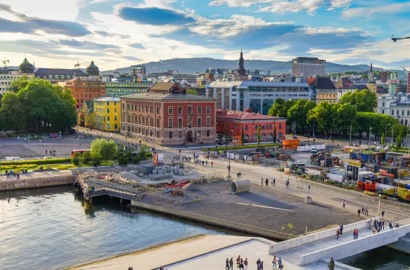 View of Oslo City Hall and harbour in Oslo, Norway