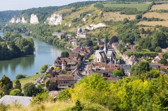 Aerial view of Les Andelys and the River Sein in Normandie, France