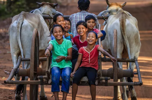 Group of happy Cambodian children riding ox cart in village near Siem Reap, Cambodia