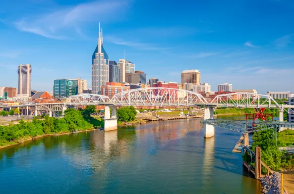 Nashville city skyline on the Cumberland River in Tennessee, USA