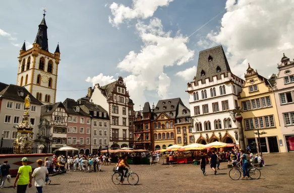 Trier city with Medieval architectural style buildings on the Moselle River in Germany