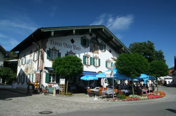 Exterior front shot of Hotel Alte Post in Oberammergau, Germany.