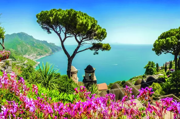 Amalfi Coast from Villa Rufolo gardens in Ravello, Campania, Italy