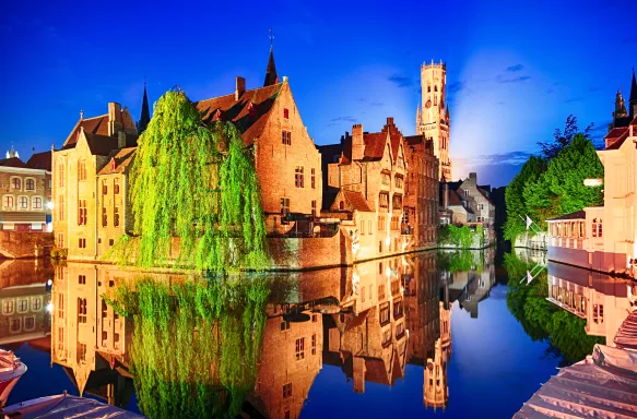 Night view of Belfry Tower in Bruges, Belgium