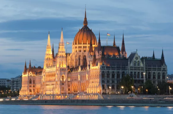 Hungarian parliament illuminated at night in Budapest