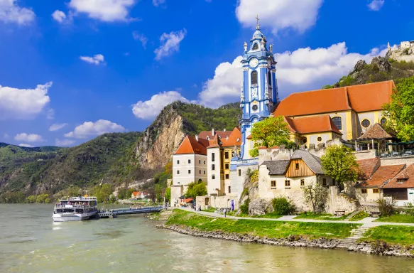 View of Dürnstein village and castle in the Wachau Valley, Austria