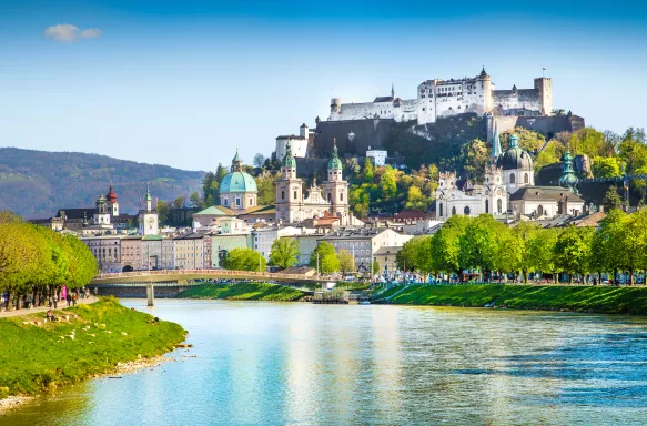 Salzburg skyline with river Salzach in springtime, Austria