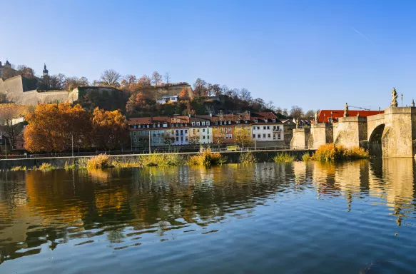 Panorama of Würzburg town and river with bridge in Bavaria, Germany