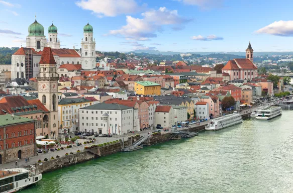 Aerial view of Passau with Danube river, embankment and cathedral, Bavaria, Germany