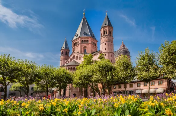 Ancient cathedral in Meinz, Germany surrounded by spring flowers