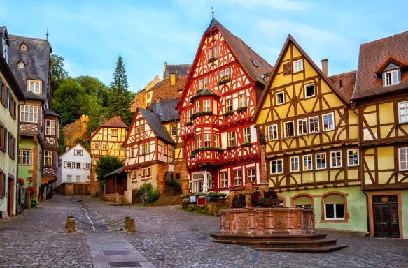 Colorful half-timbered houses in Miltenberg historical medieval Old Town, Bavaria, Germany