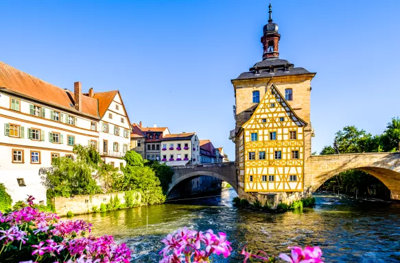 Famous old town hall overlooking the river Regnitz in Bamberg, Germany