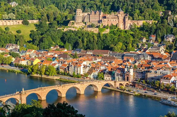 Aerial view of Heidenburg town on Neckar river in Germany