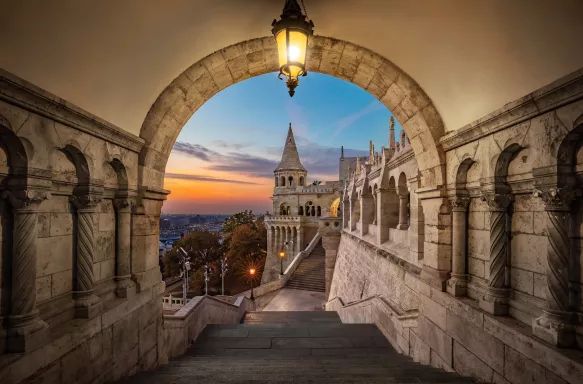 Entrance of Buda district at sunrise with colourful sky in Budapest, Hungary