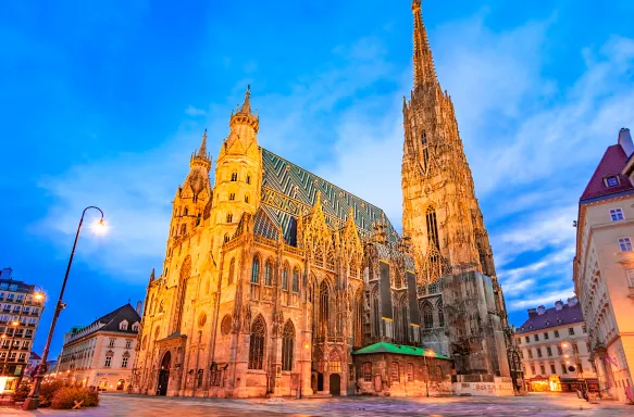 St. Stephen's Cathedral basked in the glow of evening streetlights, Vienna