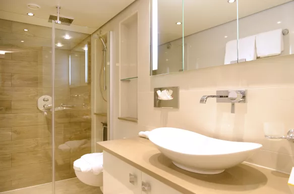 Interior of bathroom with walk-in shower aboard the Jane Austen cruise ship