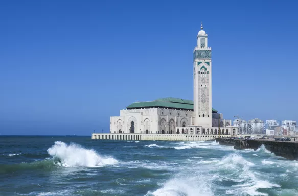 The Hassan II Mosque surrounded by the sea in Casablanca, Morocco