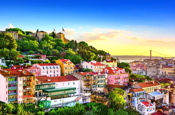 Old town cityscape skyline at dusk in Lisbon, Portugal