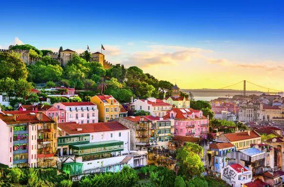 Old town cityscape skyline at dusk in Lisbon, Portugal