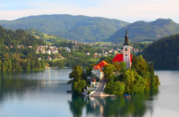 Santa Maria Church catholic church on an island in the centre of Lake Bled, Slovenia